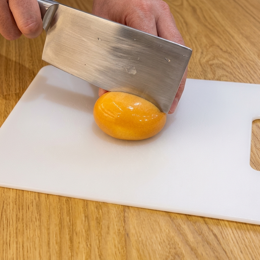 Un cuchillo de cocina cortando un huevo marinado brillante y marrón por la mitad sobre una tabla de cortar blanca.