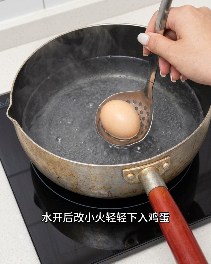 Un huevo crudo siendo introducido cuidadosamente en una olla con agua a fuego lento usando una espumadera de metal.