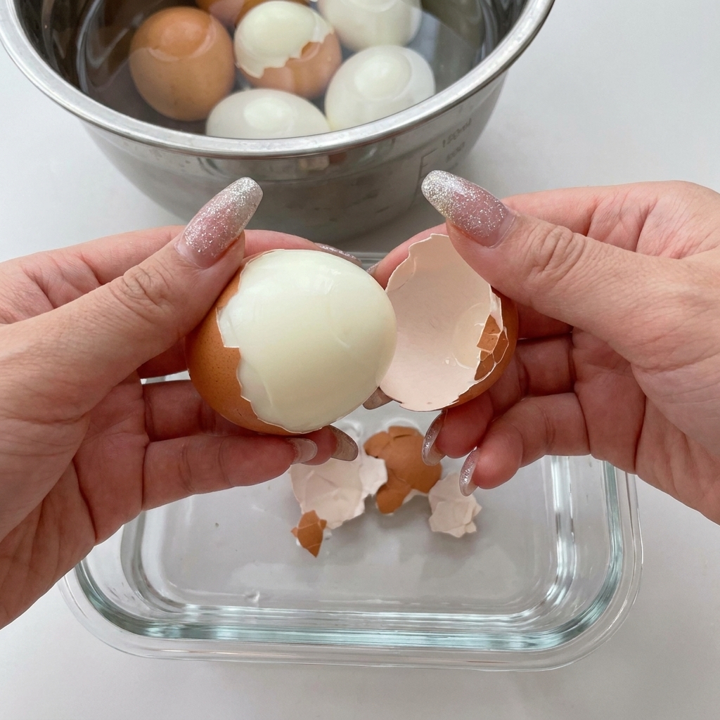 Unas manos pelando la cáscara de un huevo cocido sobre un recipiente de cristal.
