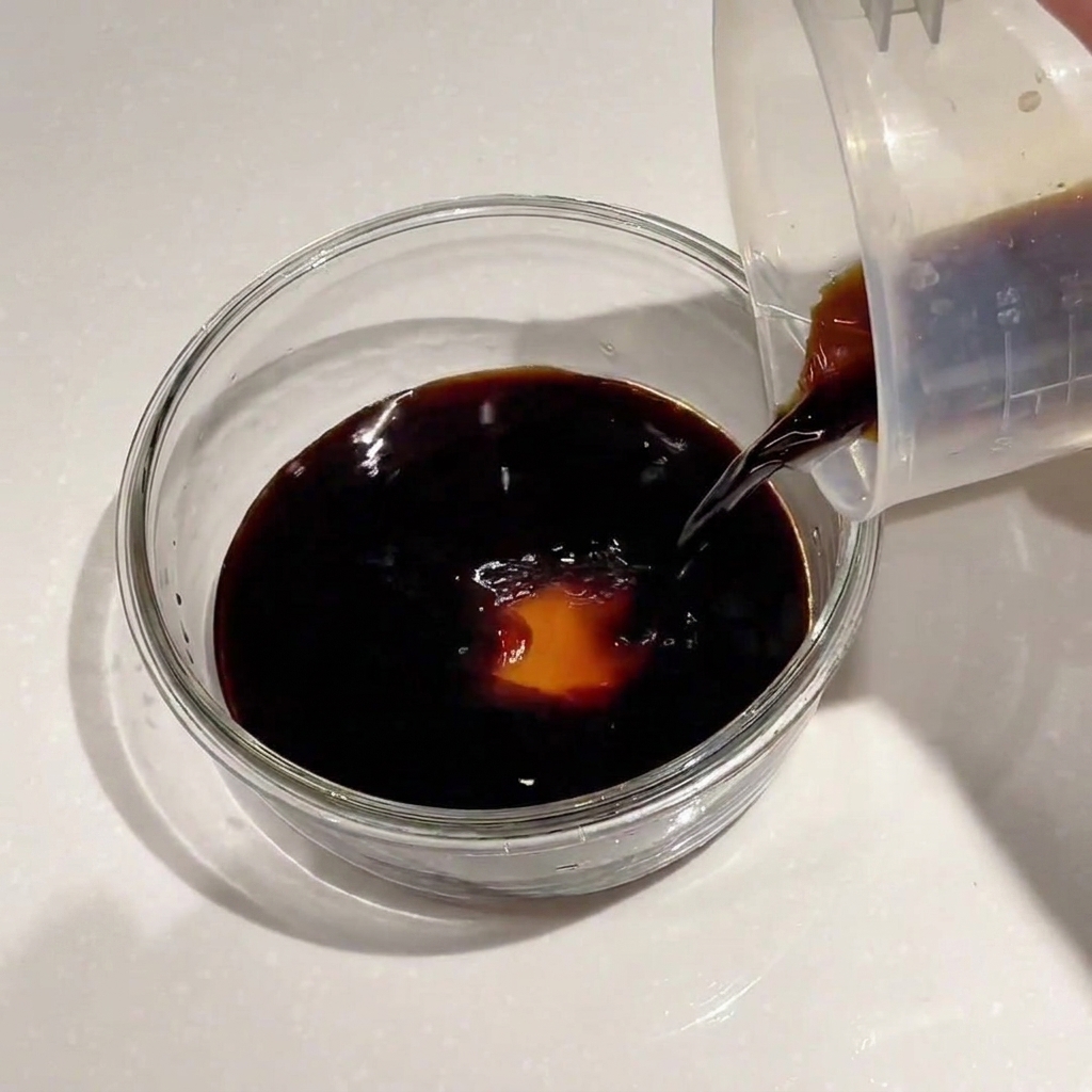 Agua clara siendo vertida en un bol con salsa de soja oscura.