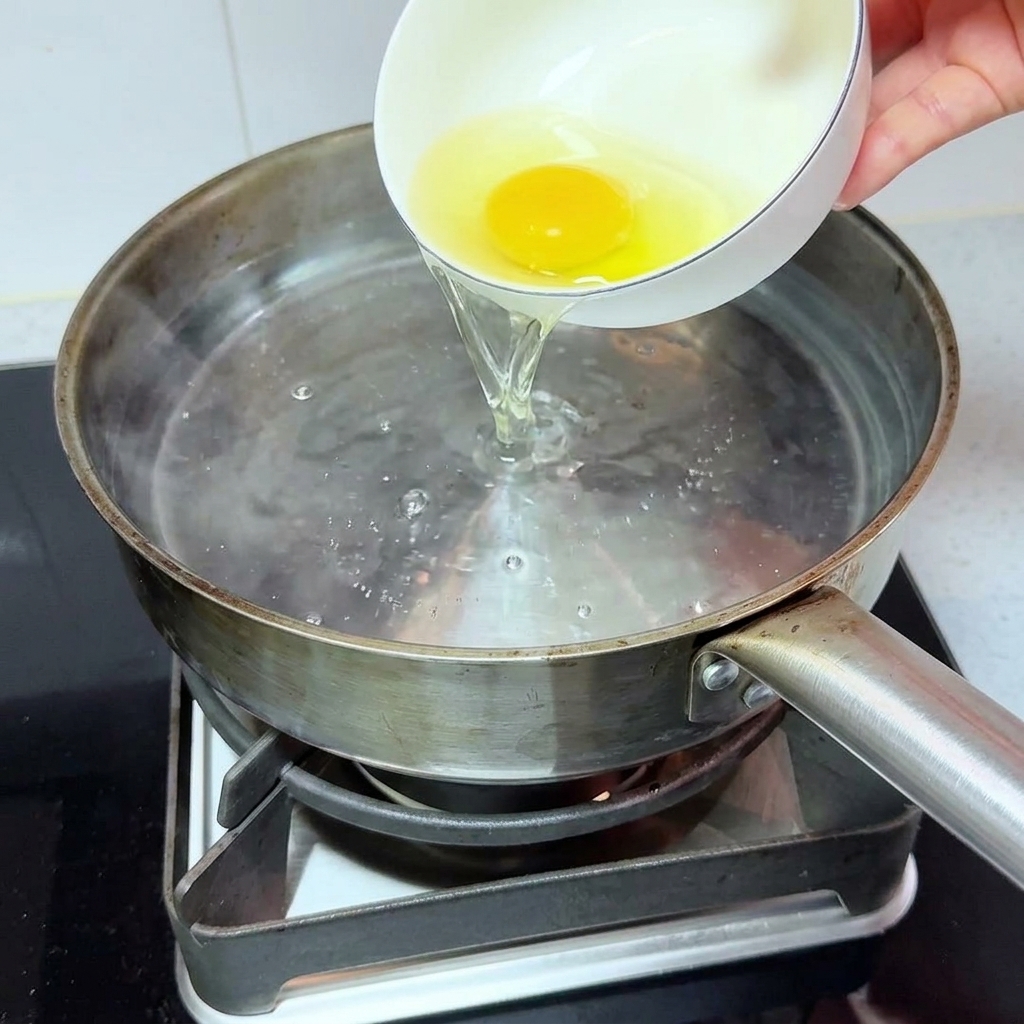 Un pequeño cuenco vertiendo un huevo crudo y agua clara en una olla de acero inoxidable con agua hirviendo.