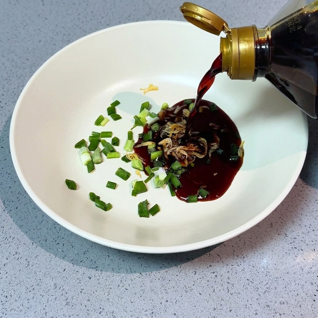 Vertiendo un chorrito de salsa de soja oscura en un cuenco con los demás ingredientes.
