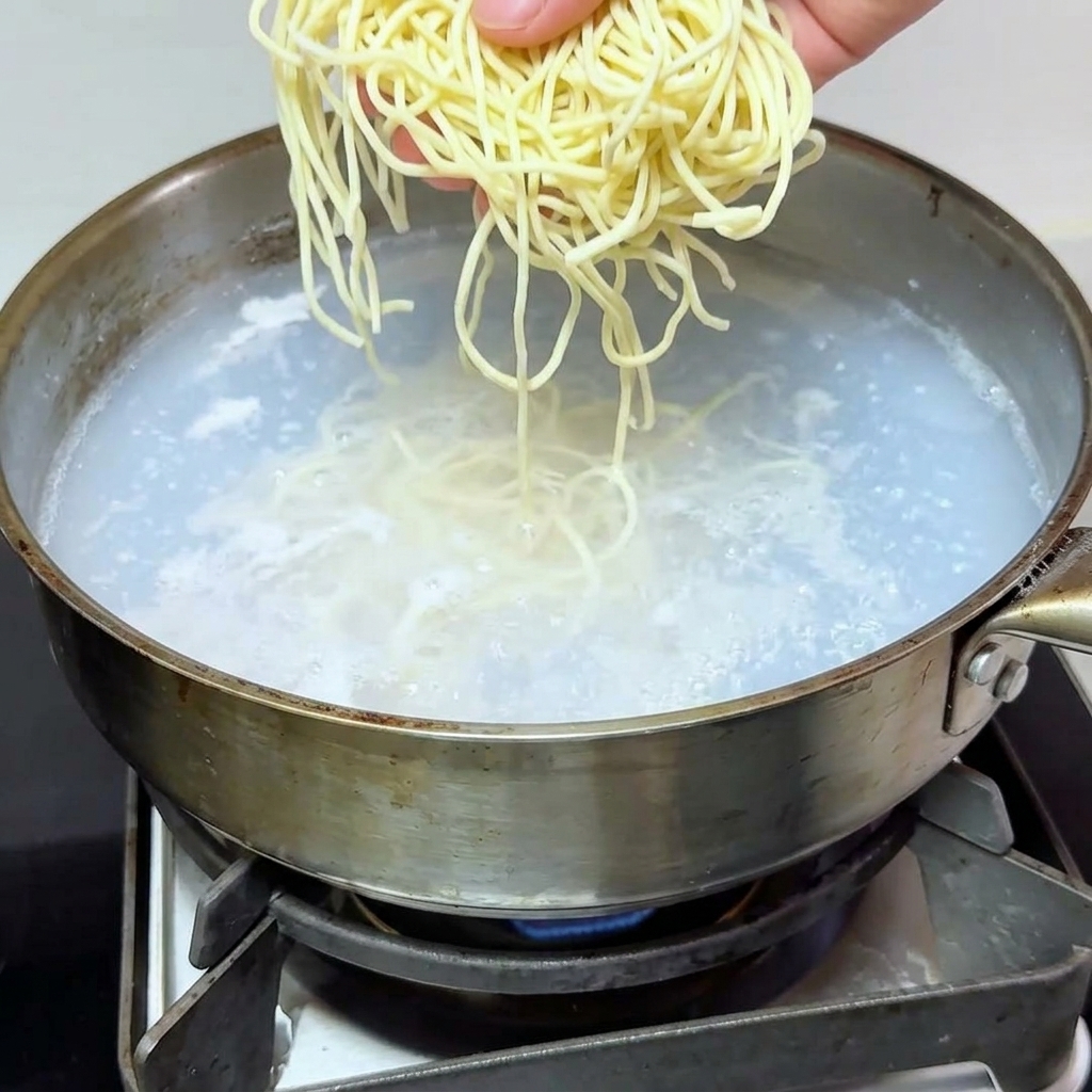 Fideos frescos colocados en una olla de agua hirviendo.