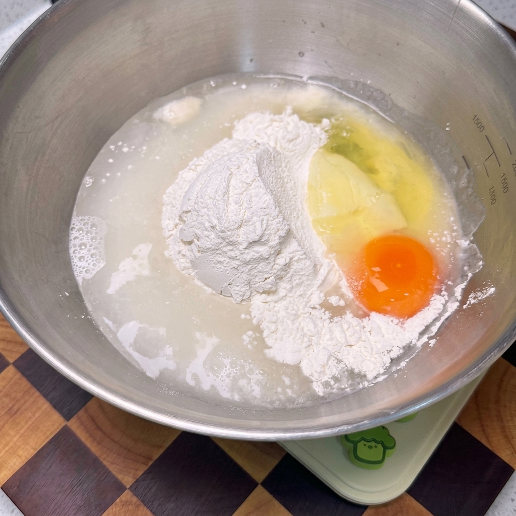 Un batidor mezclando harina, huevo y líquido en un bol de acero inoxidable hasta obtener una masa suave y amarilla.