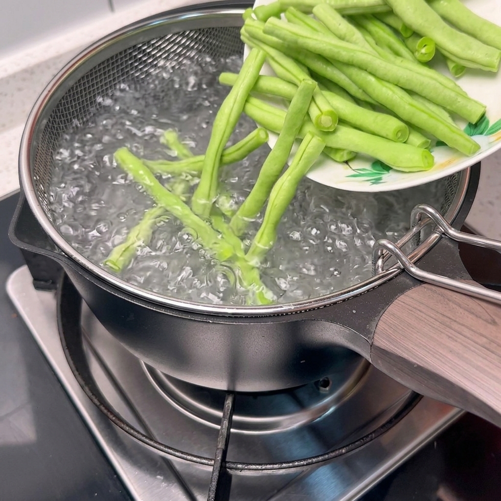 Un colador de metal sumergiendo judías verdes en una olla con agua hirviendo.