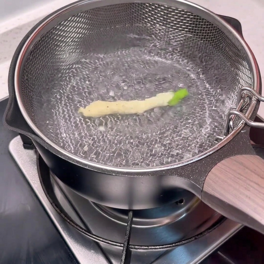 Una judía cubierta de masa flotando en una olla con agua hirviendo.