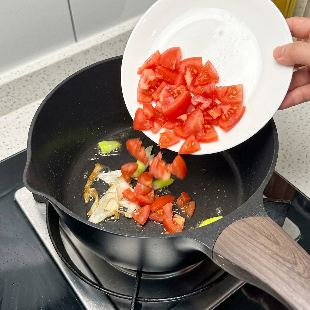 Tomates picados siendo añadidos a una sartén con cebolleta sofrita para la salsa.
