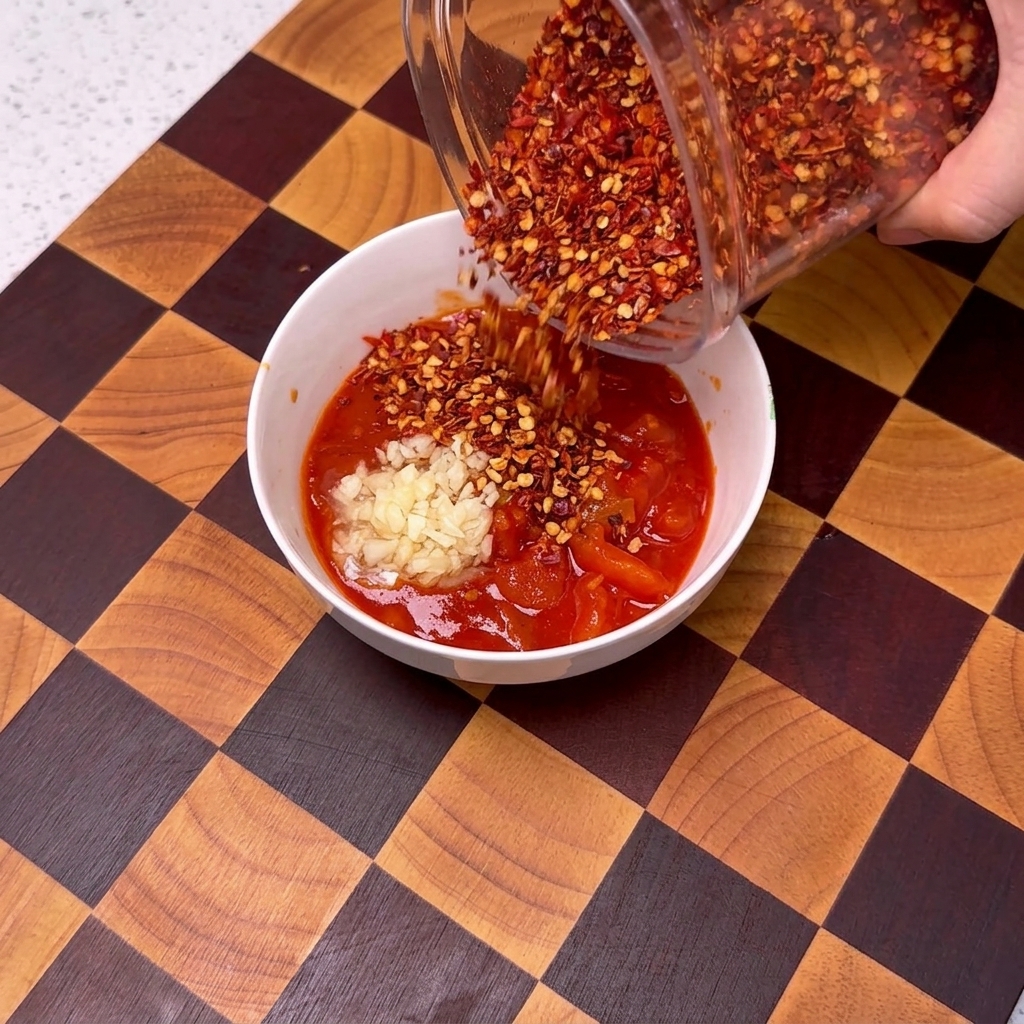 Primer plano de un bol con salsa de tomate donde se añade ajo, chile, sésamo y azúcar.