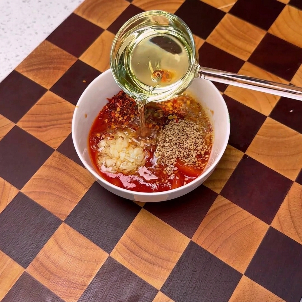 Aceite caliente siendo vertido desde un cazo sobre la salsa, creando un efecto de chisporroteo.