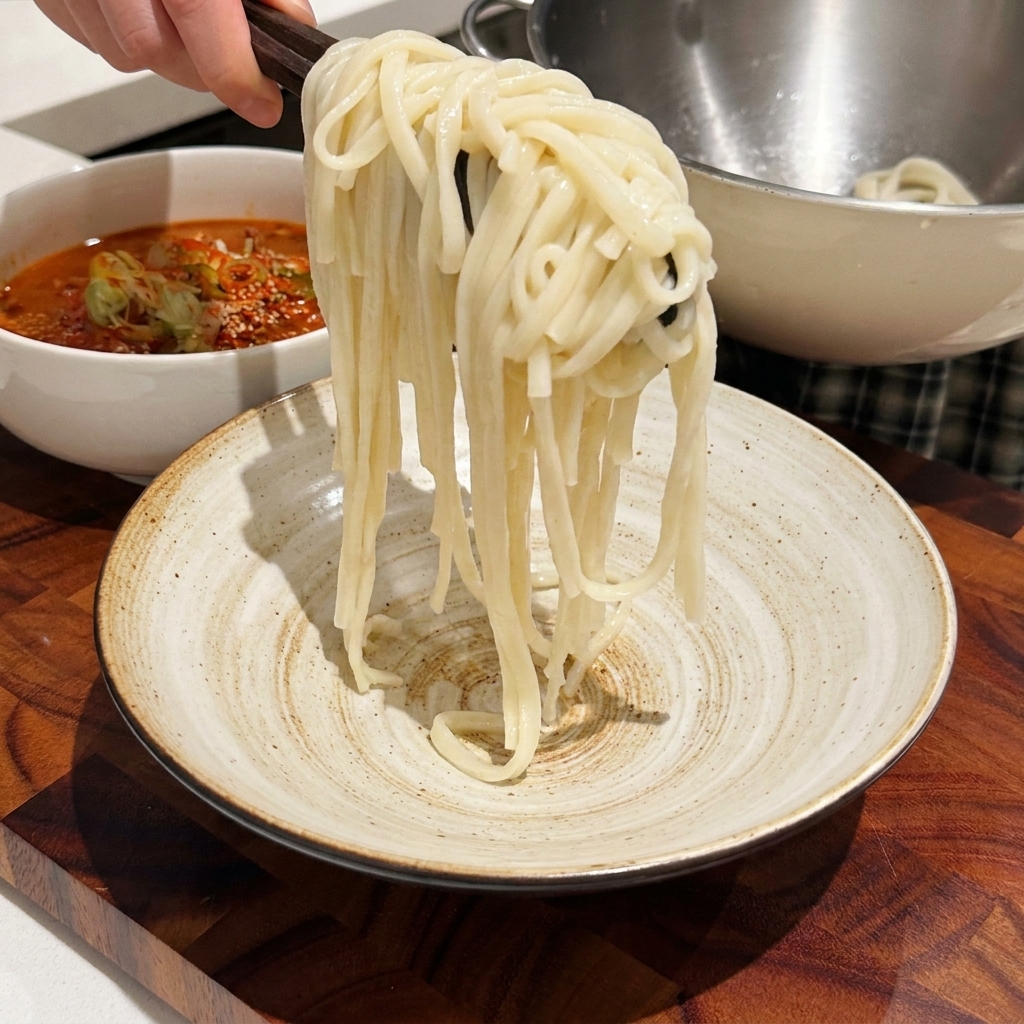 Fideos Udon siendo transferidos con pinzas de cocina a un tazón de cerámica.