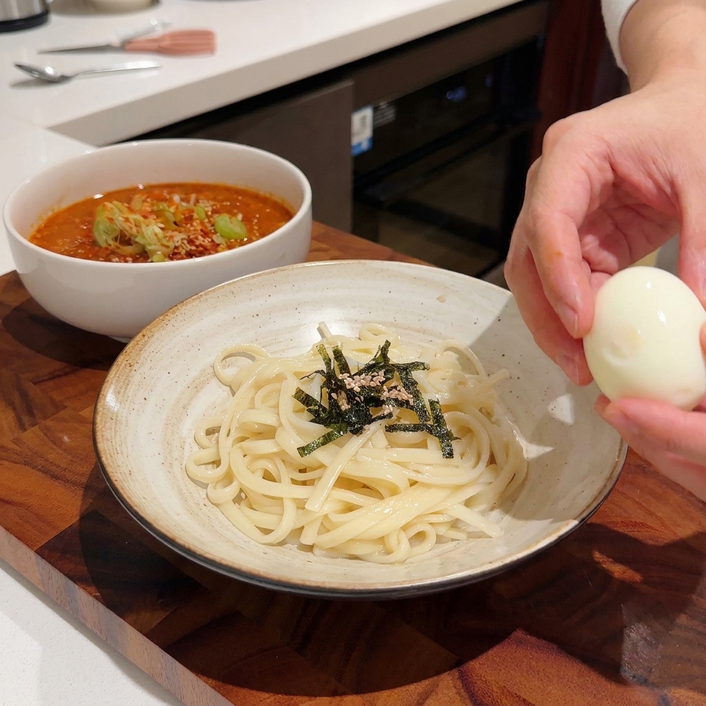 Un huevo pasado por agua siendo colocado cuidadosamente sobre los fideos Udon.