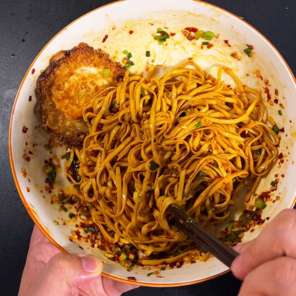 Fideos cocidos en un tazón siendo mezclados con la salsa de chile y ajo usando palillos.