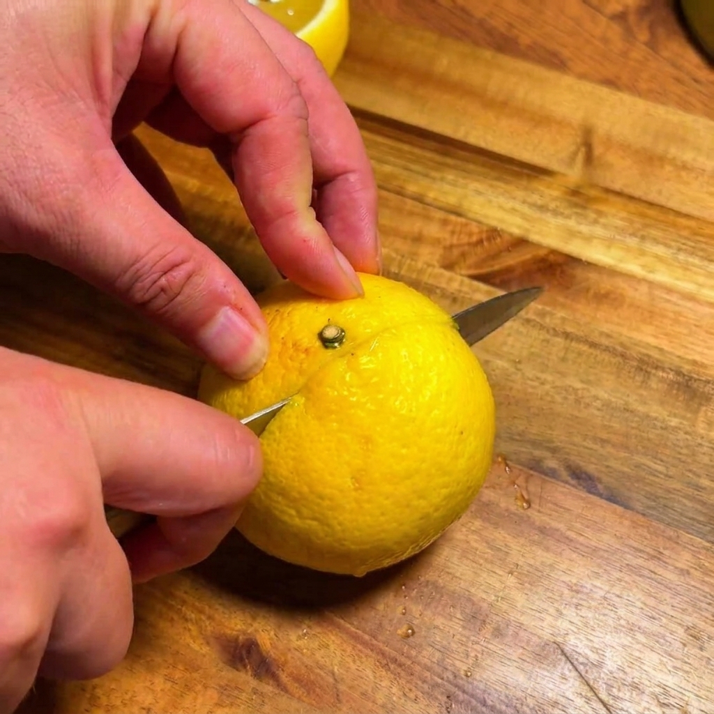 Primer plano de un cuchillo cortando un yuzu fresco y brillante por la mitad sobre una tabla de madera.