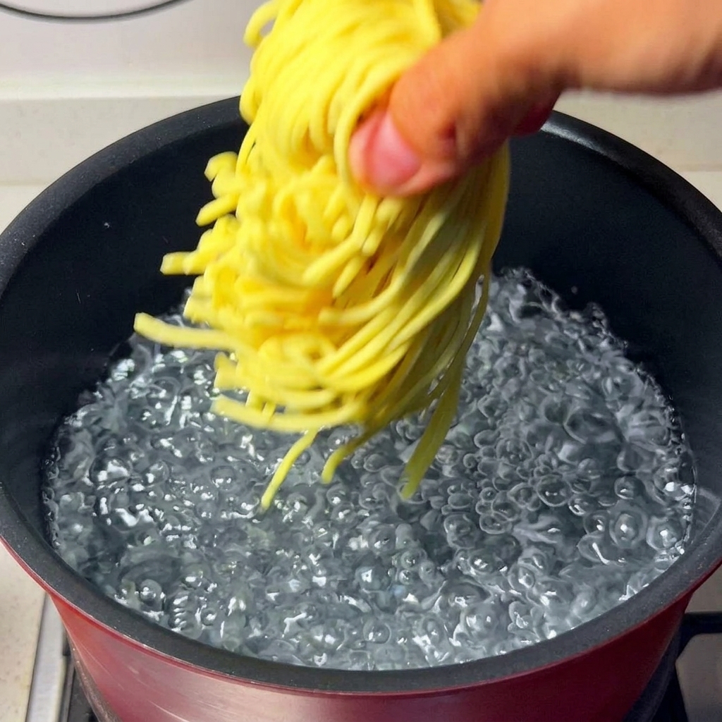 Fideos siendo retirados de una olla hirviendo con palillos y colocados en un baño de agua con hielo.