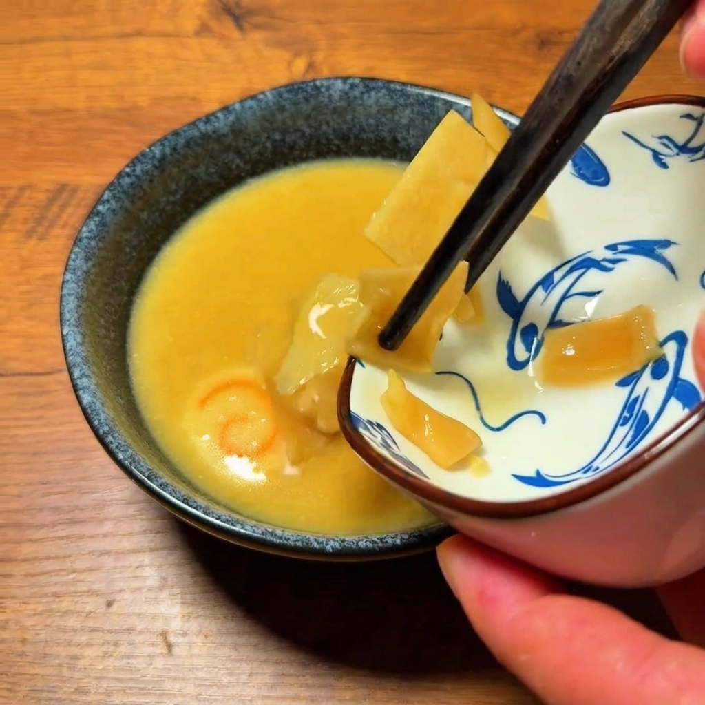 Brotes de bambú, cebolletas y aceite aromático siendo añadidos a un bol con caldo de inmersión.