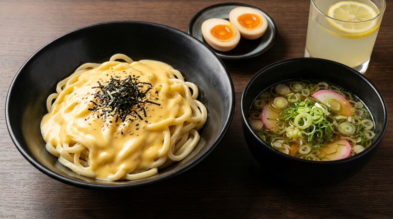 Un cuenco de fideos cubiertos de queso servidos con caldo de inmersión y huevos ramen.