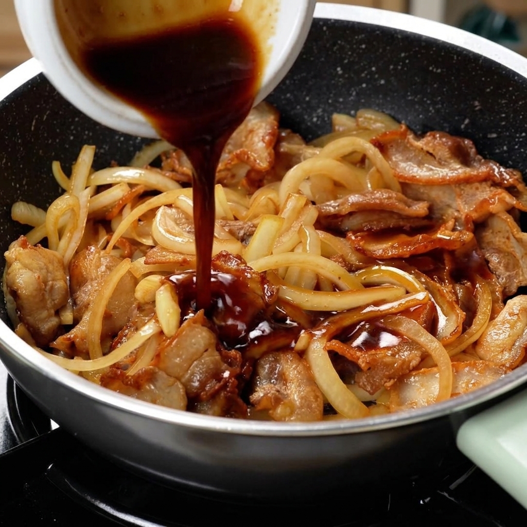 Salsa yakiniku vertiéndose sobre el cerdo y las cebollas en la sartén.
