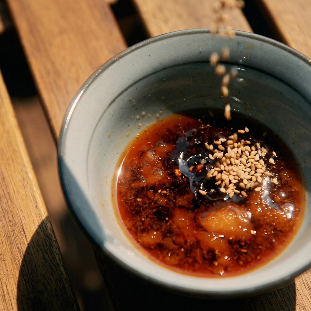 Semillas de sésamo siendo espolvoreadas en un cuenco de salsa Yakiniku oscura, con el aceite de sésamo ya integrado.