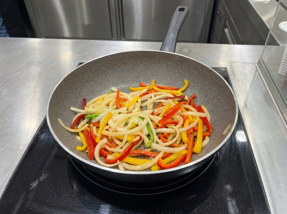Verduras en la sartén siendo aliñadas con salsa barbacoa y salsa de soja.