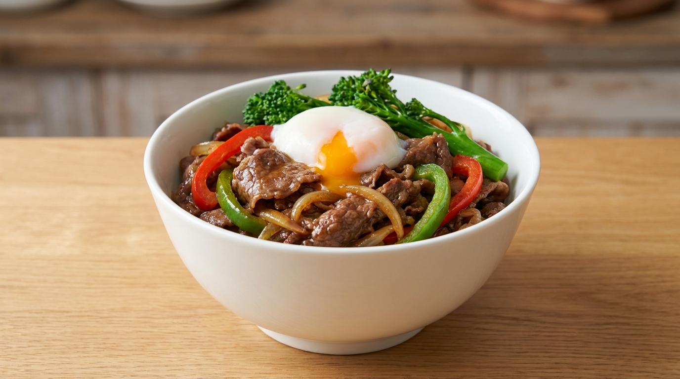 Un vibrante tazón de arroz con ternera al estilo japonés, láminas de carne tierna, verduras salteadas y un huevo pasado por agua.