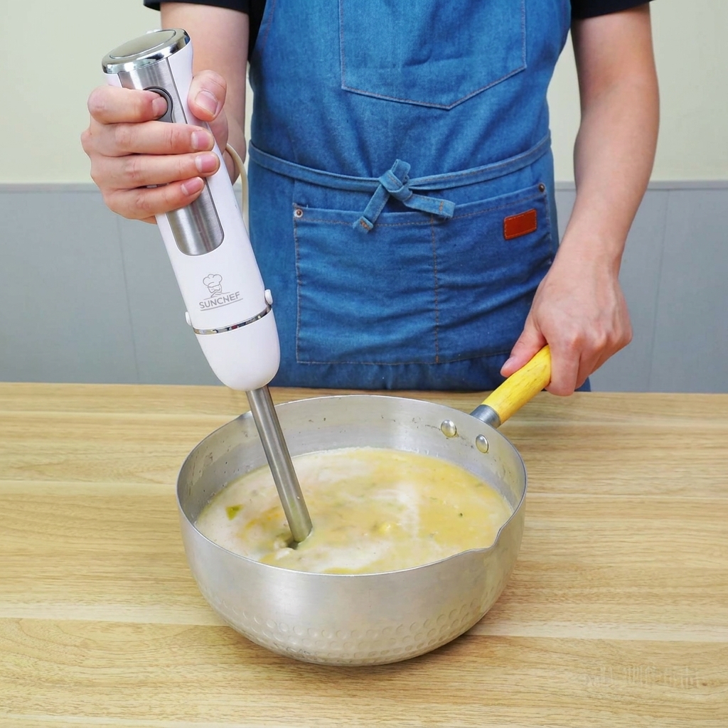 Una batidora de mano sumergida en una olla de caldo y verduras cocidas, creando un velouté suave.