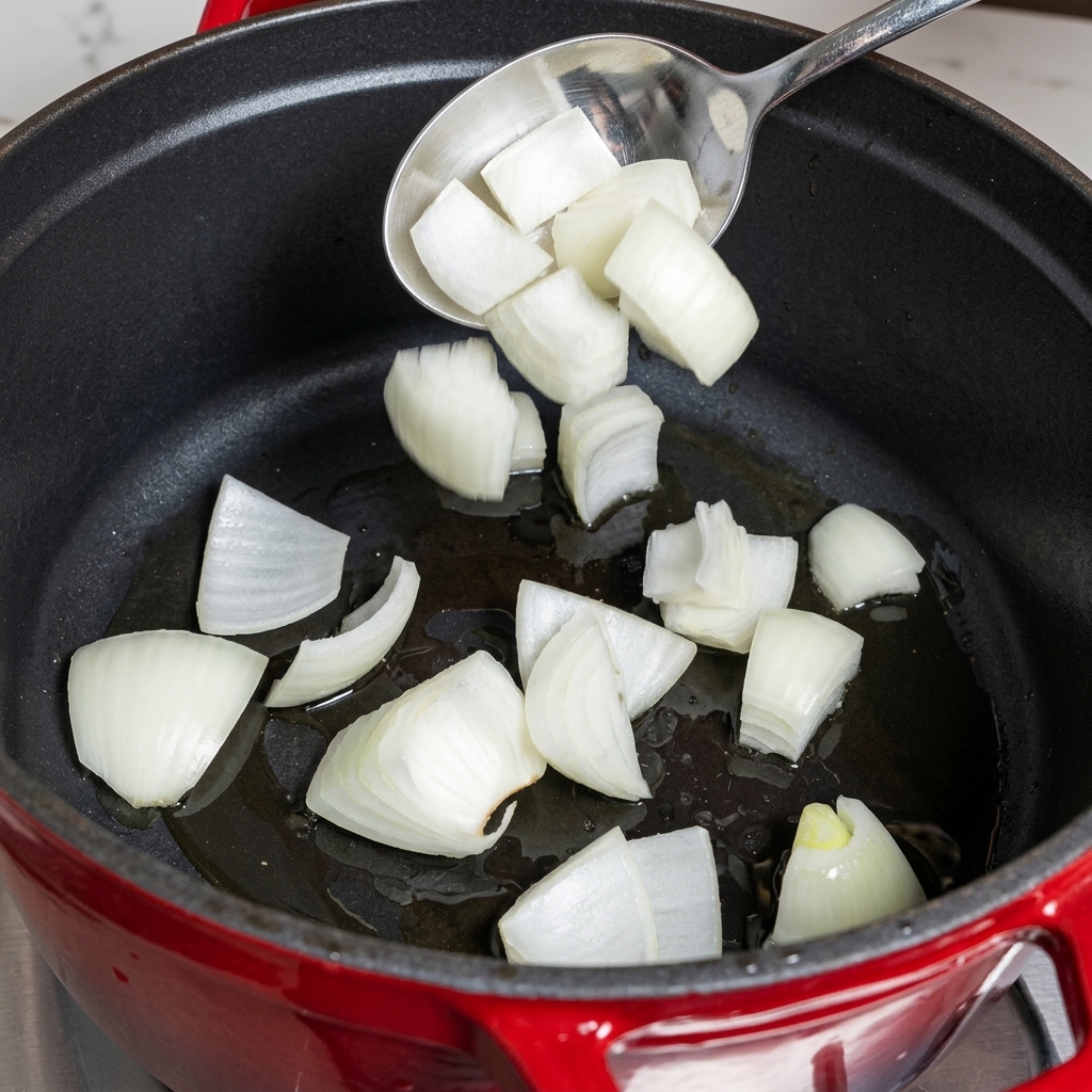 Cebollas ablandándose en una olla con aceite.