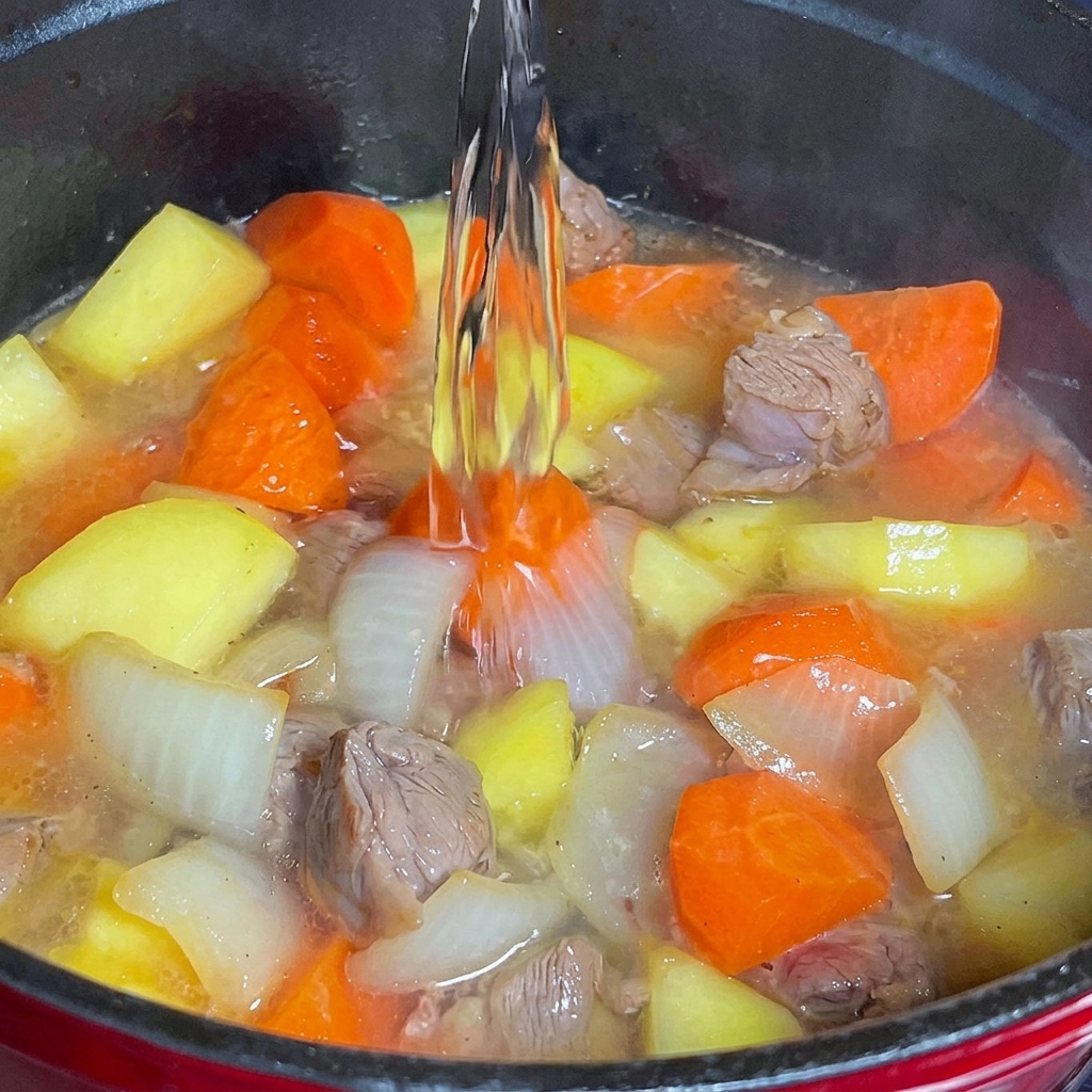 Agua vertiéndose en una olla con carne, zanahorias y cebolla.