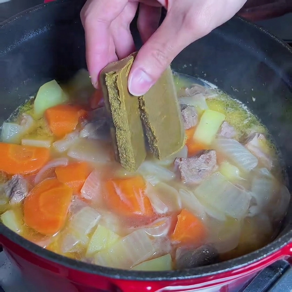 Mano añadiendo cubos de curry en un guiso a fuego lento.