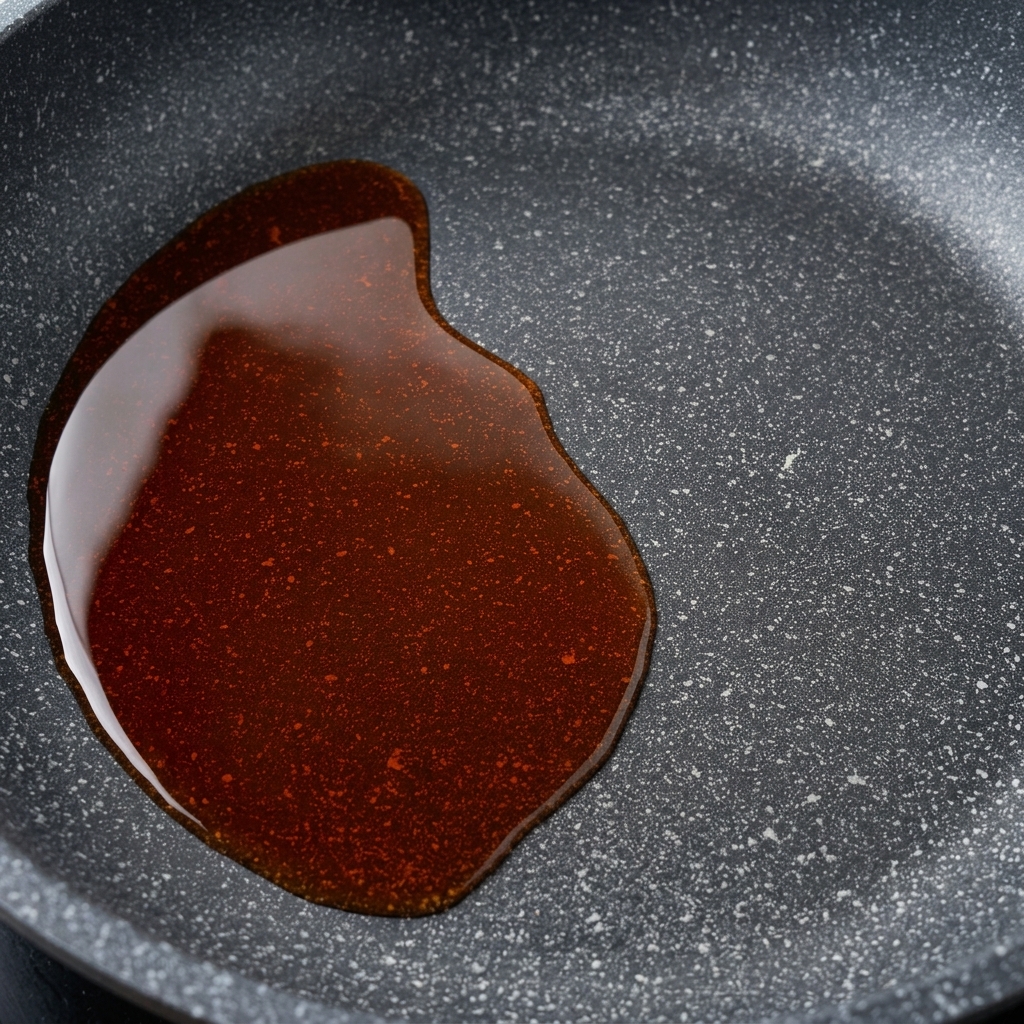 Huevos batidos vertiéndose en una sartén antiadherente caliente.
