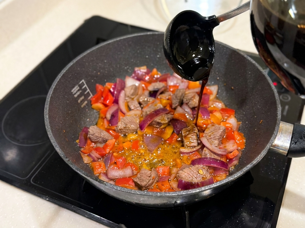 Salsa de soja siendo vertida en la sartén con la ternera y verduras.