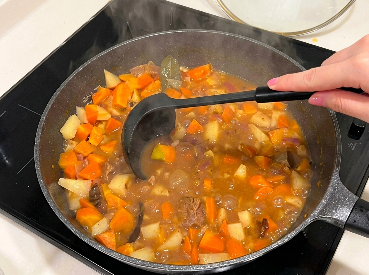 Primer plano de la salsa de curry espesándose en la sartén.