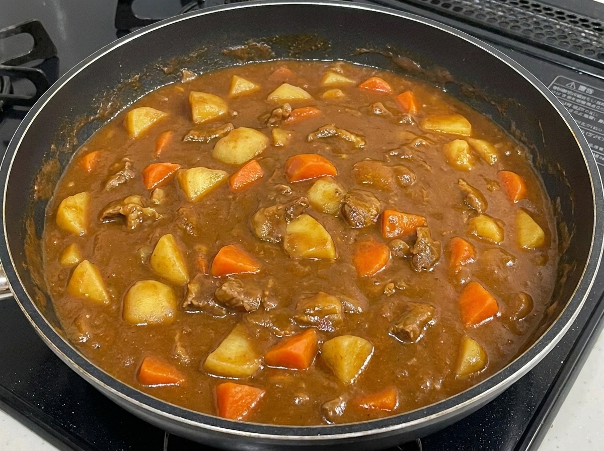 Leche siendo vertida en la salsa de curry, mezclándose con la base oscura.