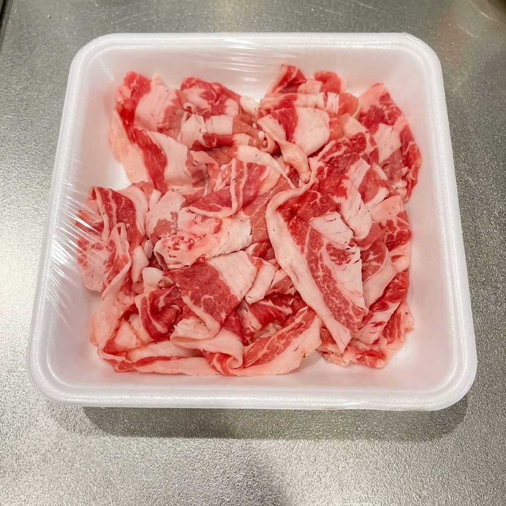 Finas lonchas de ternera siendo escaldadas en una olla con agua hirviendo.