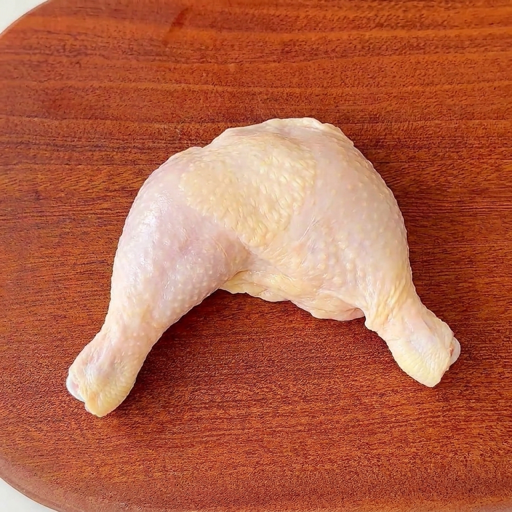 Dos piernas de pollo cortadas en trozos uniformes sobre una tabla de madera.