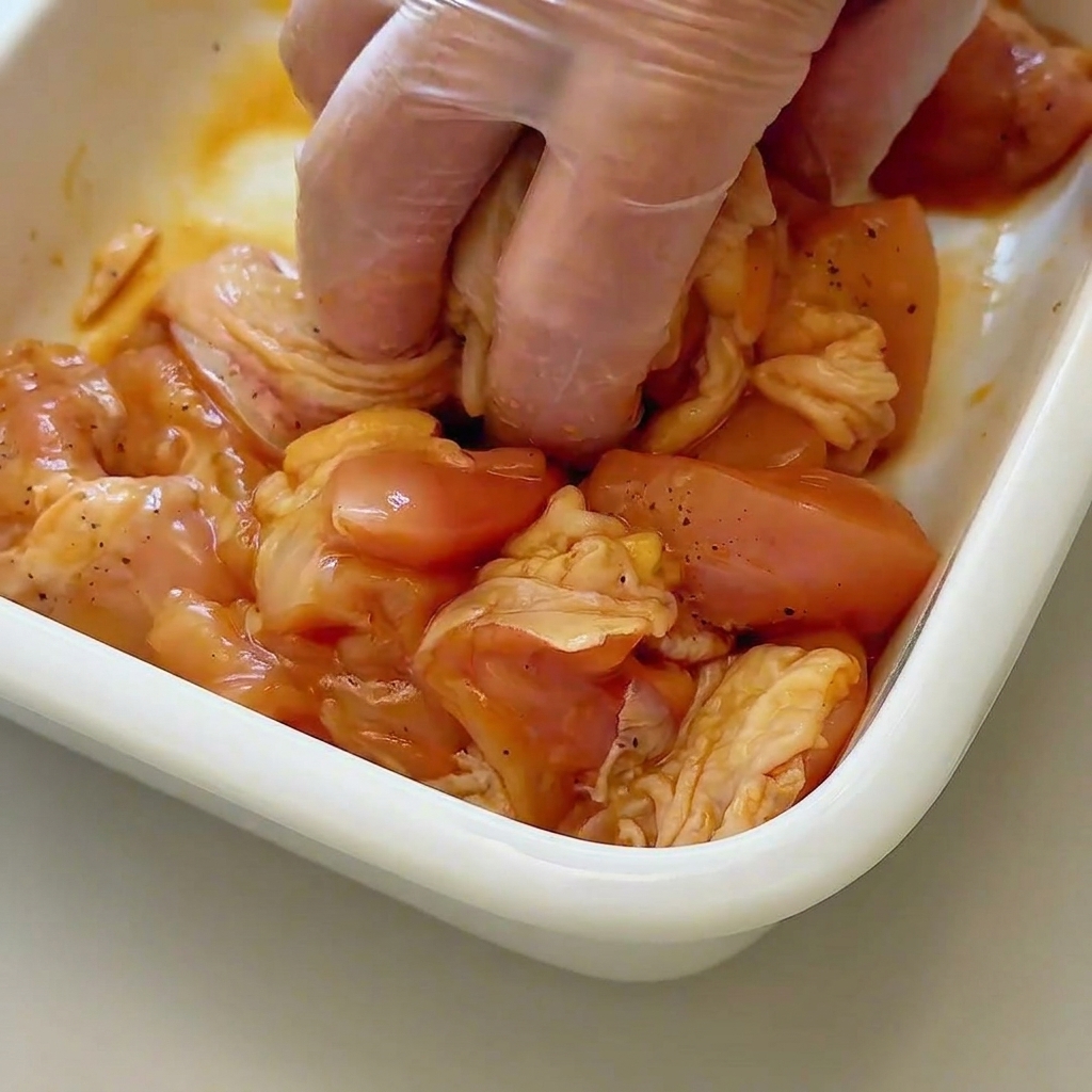 Trozos de pollo crudo mezclados con condimentos y almidón en un bol blanco.