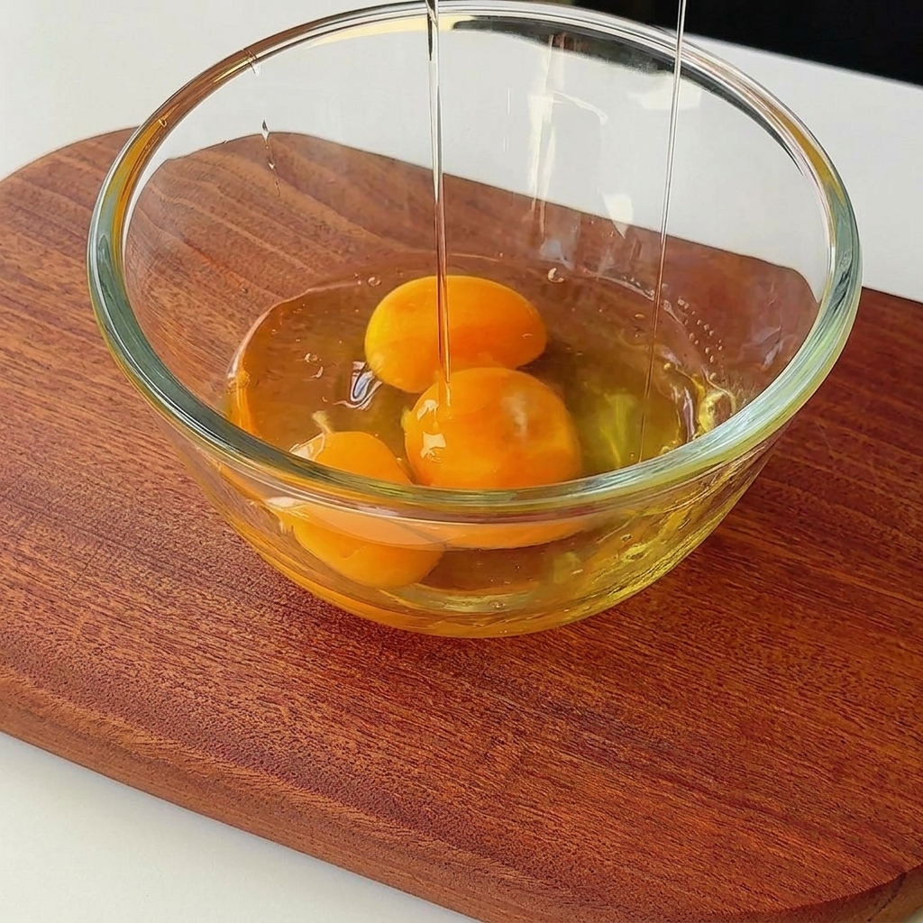 Tres huevos batidos en un bol de cristal hasta quedar uniformes.