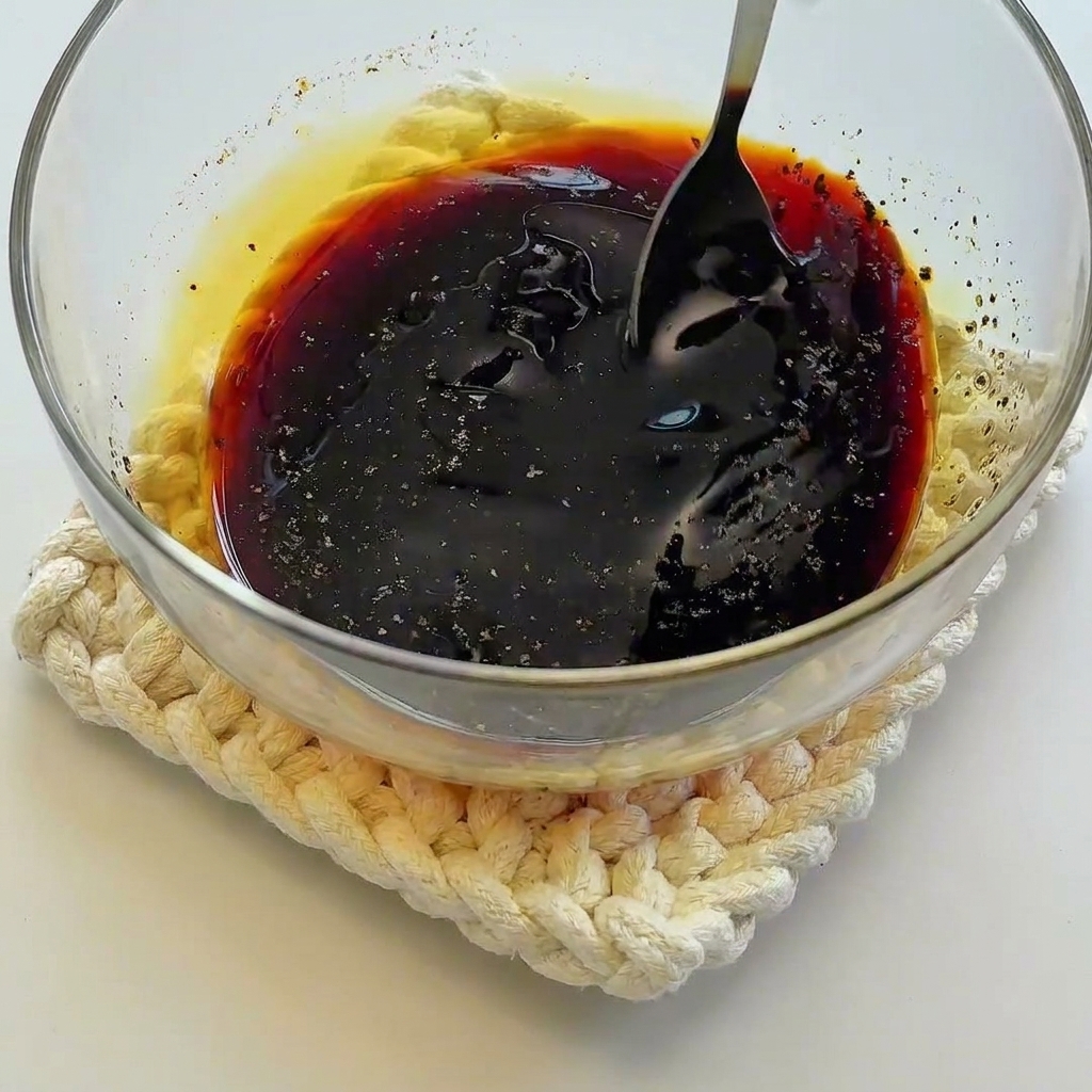 Base de salsa oscura siendo mezclada en un bol pequeño de cristal.