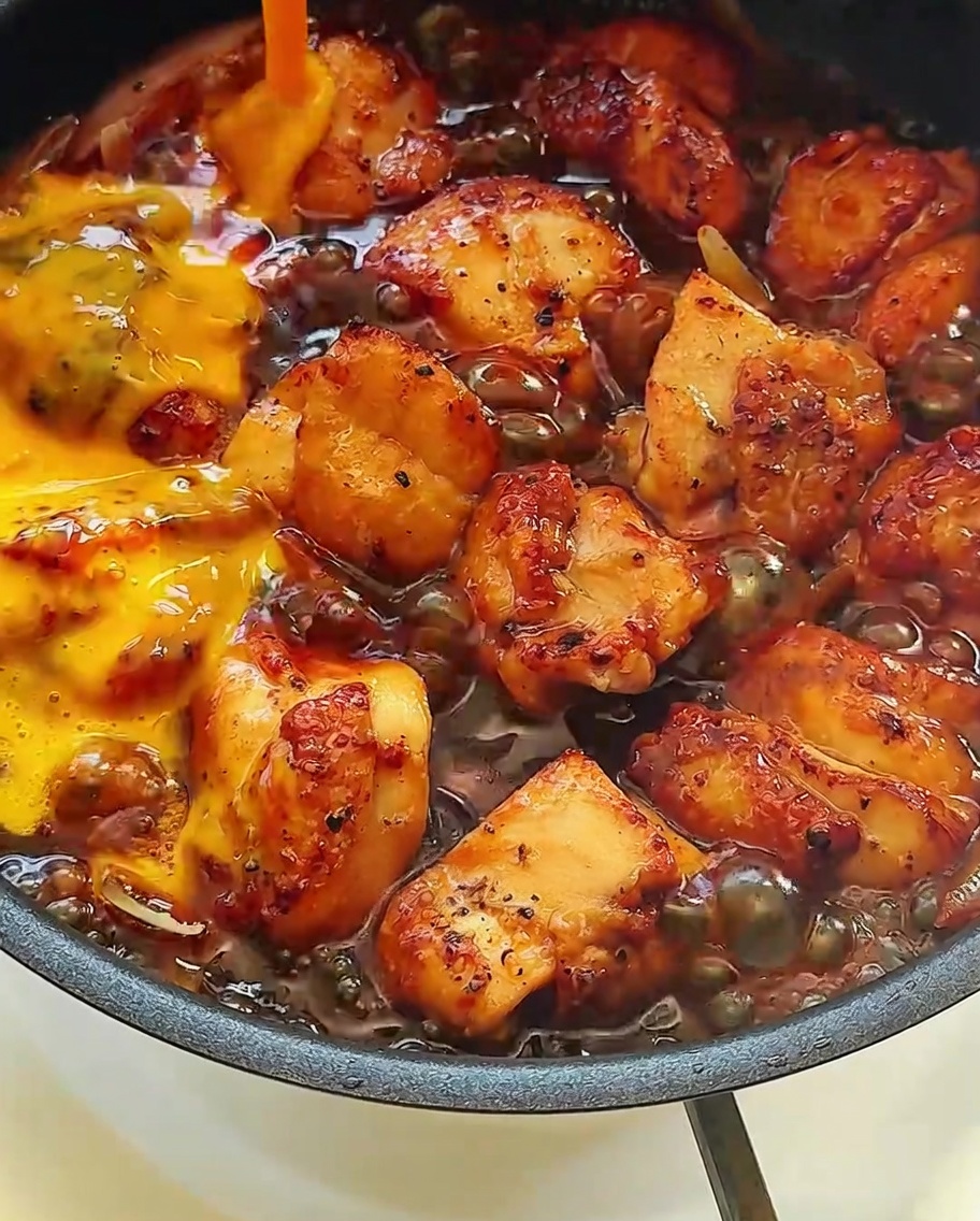 Huevos batidos siendo vertidos sobre el pollo glaseado en la sartén.