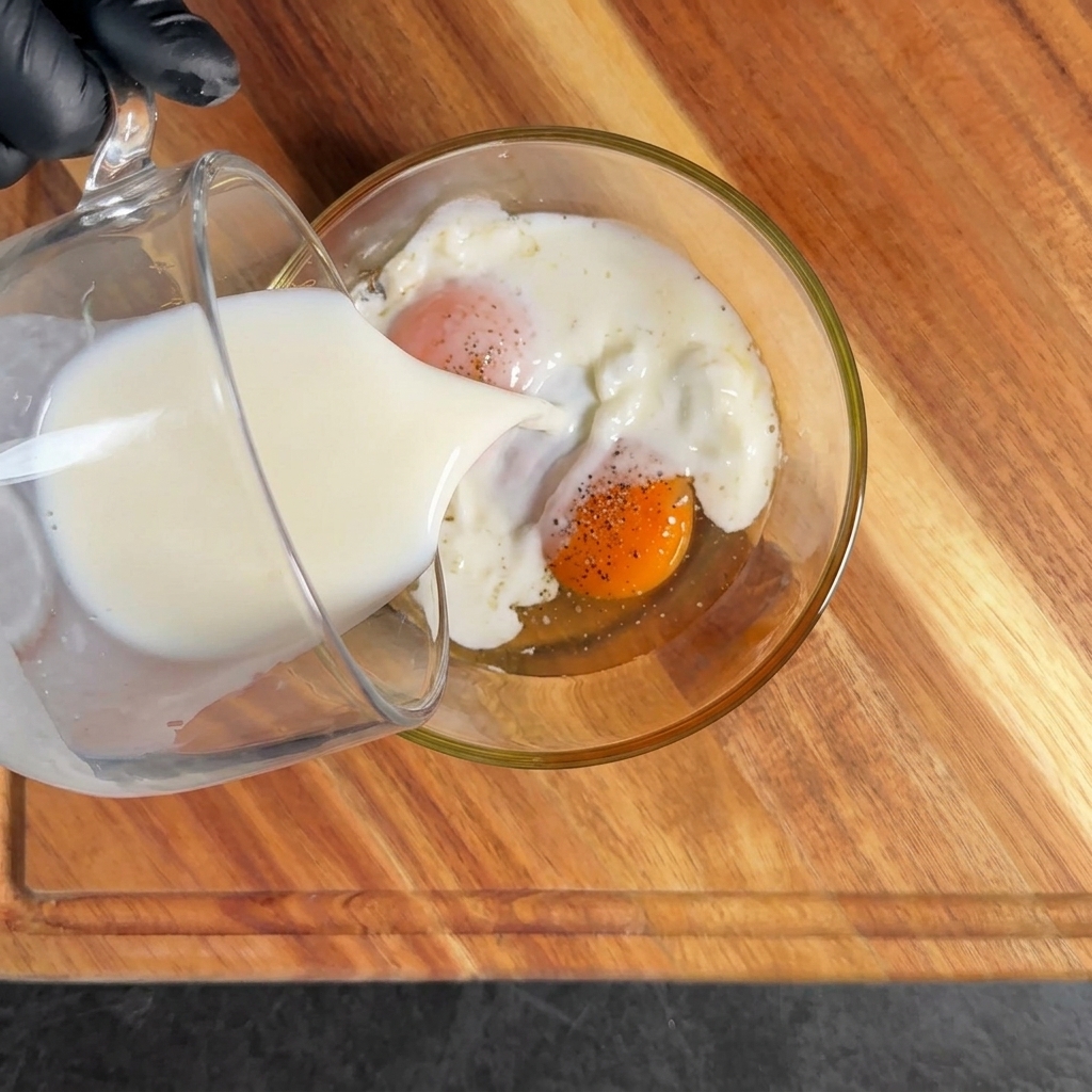 Una mezcla de huevo con leche y especias siendo batida en un bol de cristal.