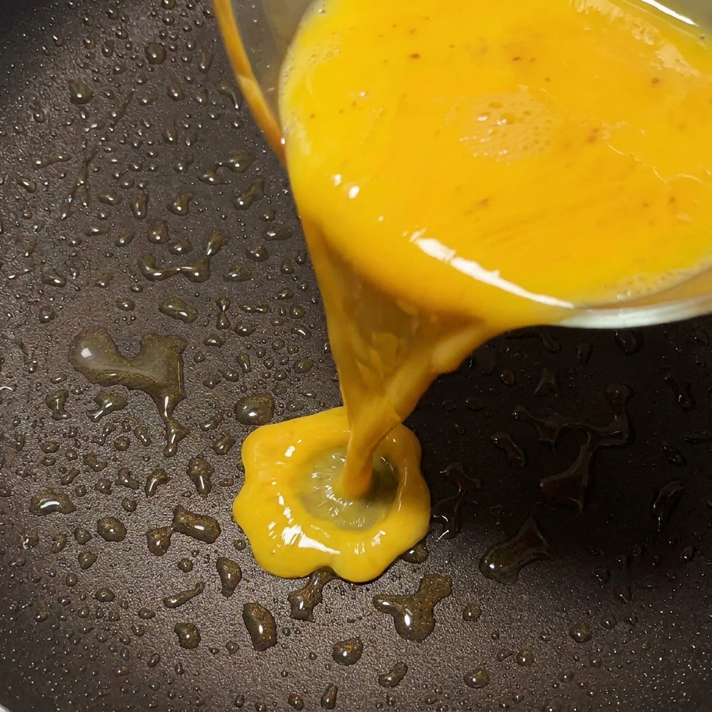 Cuajadas de huevo esponjosas formándose en una sartén caliente.