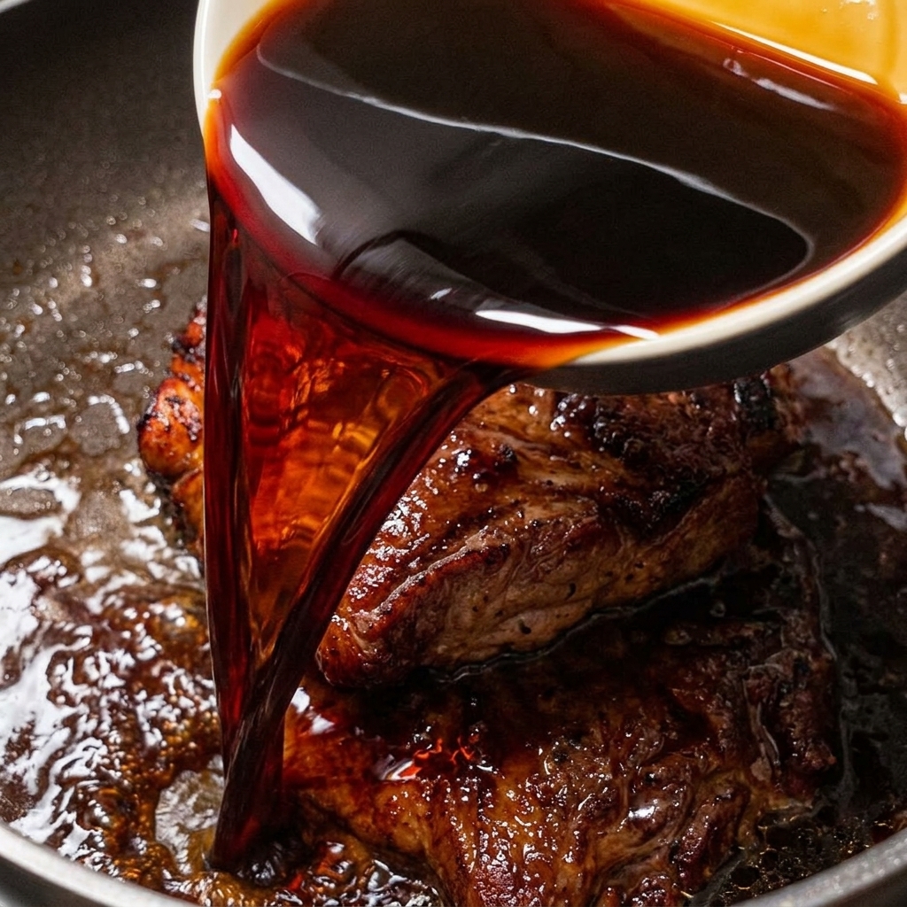 Una sartén con muslos de pollo de piel dorada y crujiente con una salsa oscura y rica vertida sobre ellos.