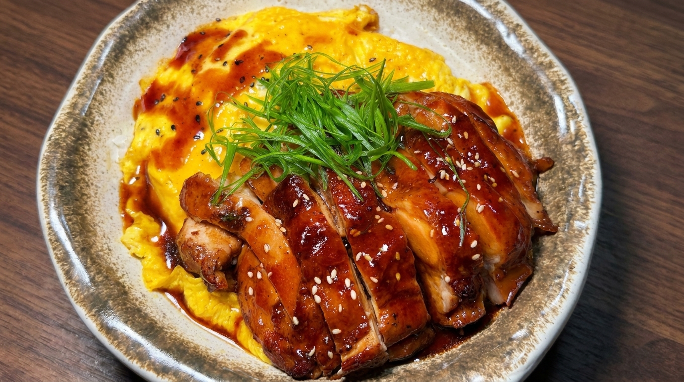 Muslos de Pollo Glaseados con Miel y Huevo Revuelto sobre Arroz