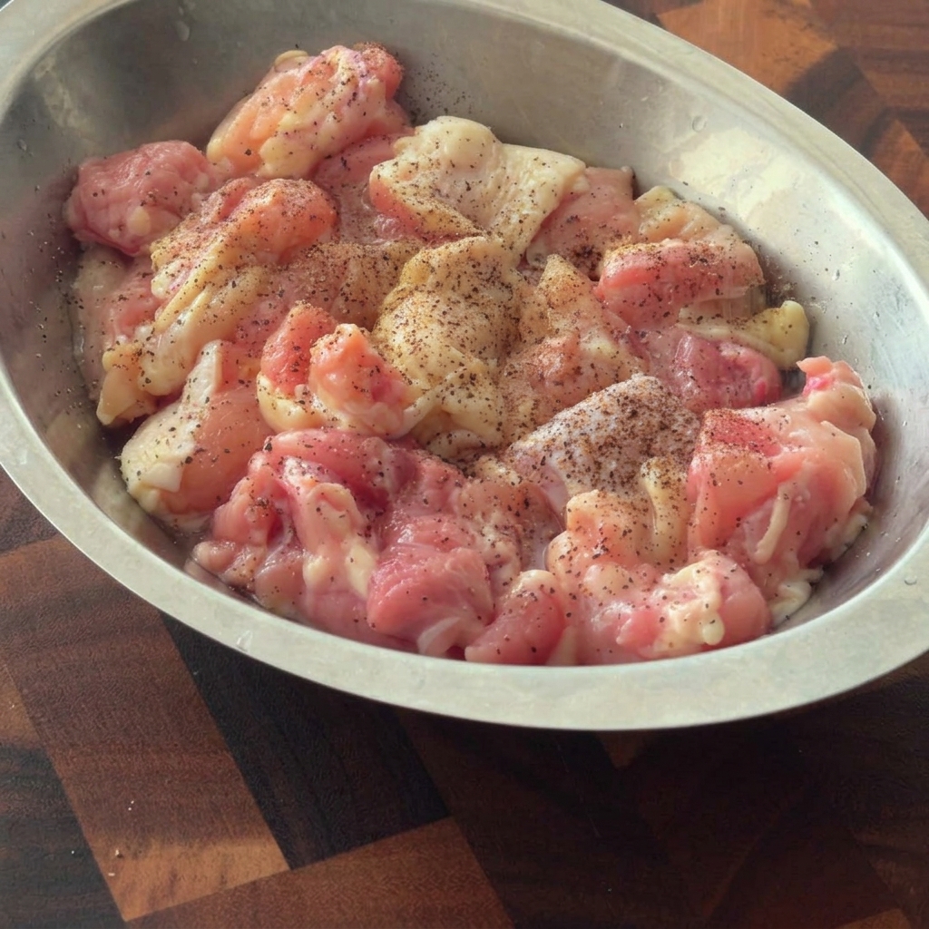 Trozos de pollo marinados con condimentos en un bol de mezcla de metal.