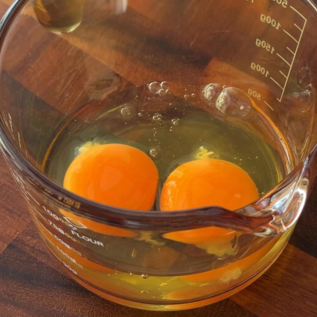 Tres huevos crudos siendo batidos en una taza medidora de cristal.