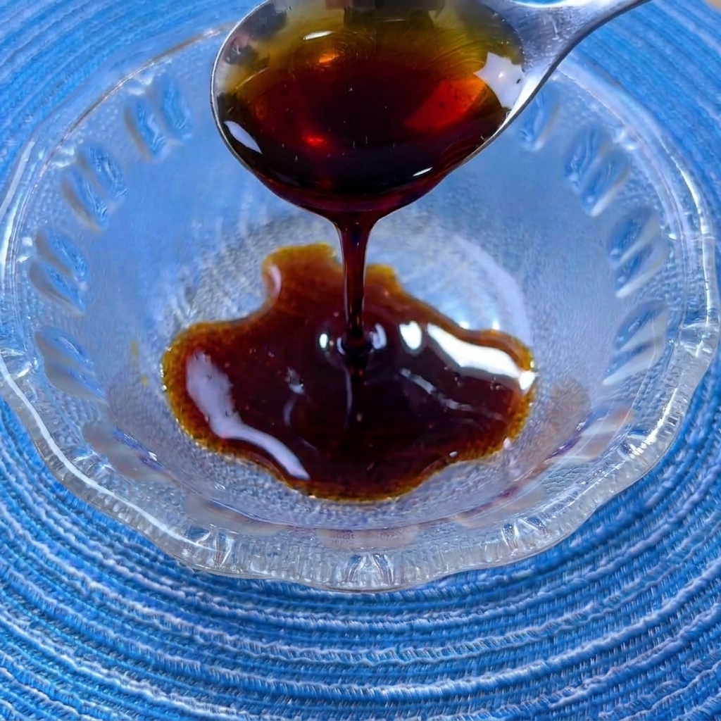 Una mezcla de salsas de soja, salsa de ostra, azúcar y especias en un pequeño cuenco de cristal.