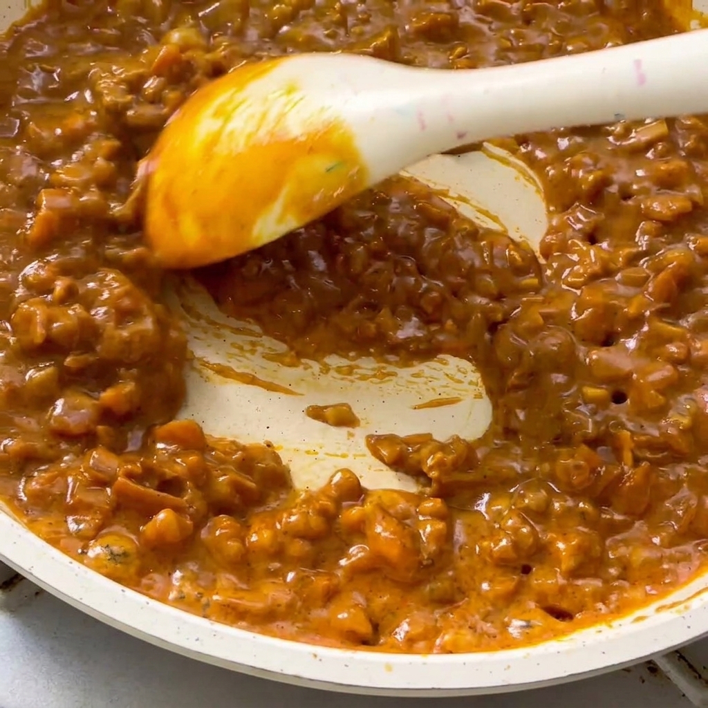 La salsa de curry terminada y cremosa siendo removida en la sartén.
