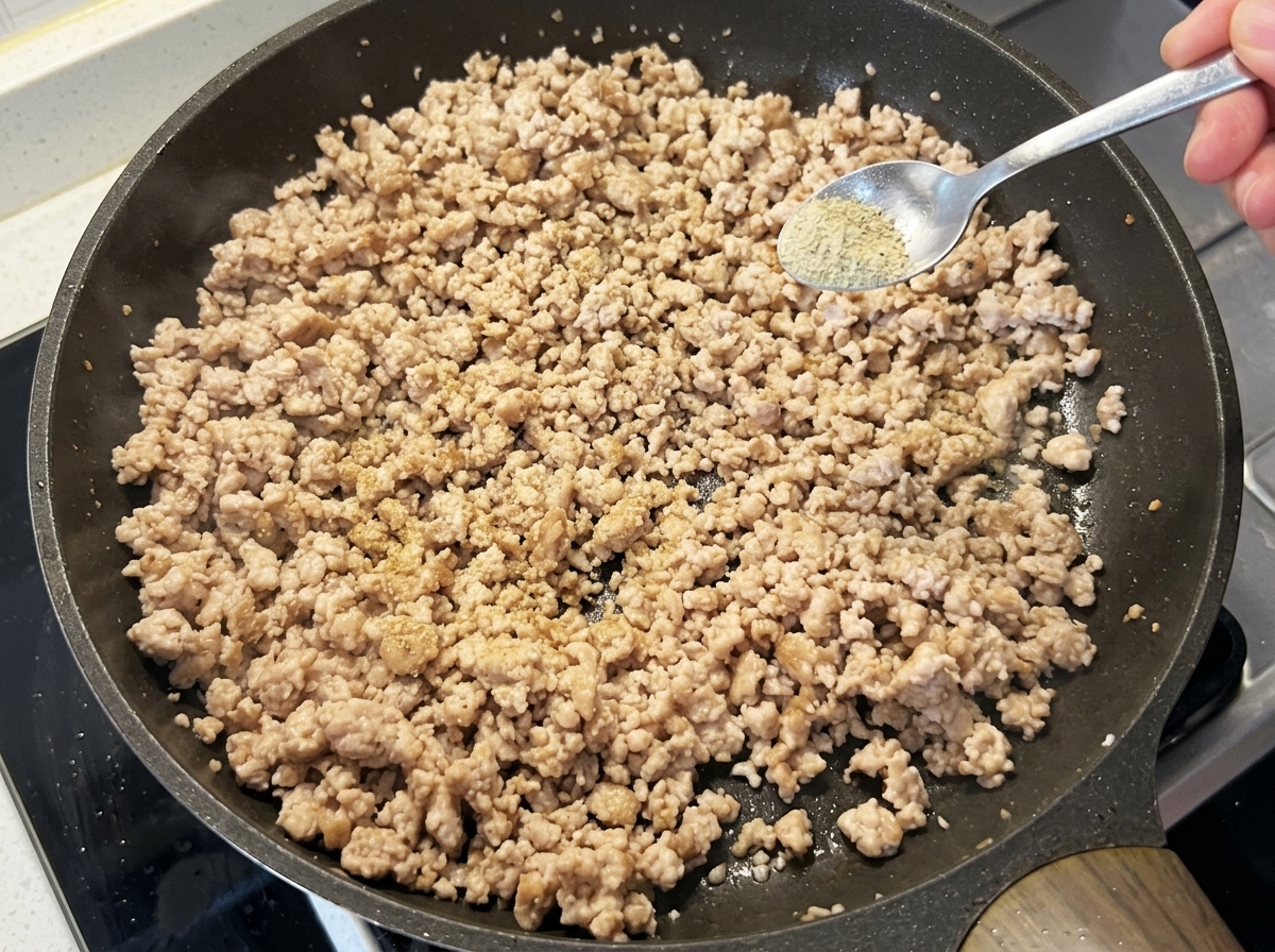 Cebollín y ajo siendo añadidos a la carne cocinada en la sartén.