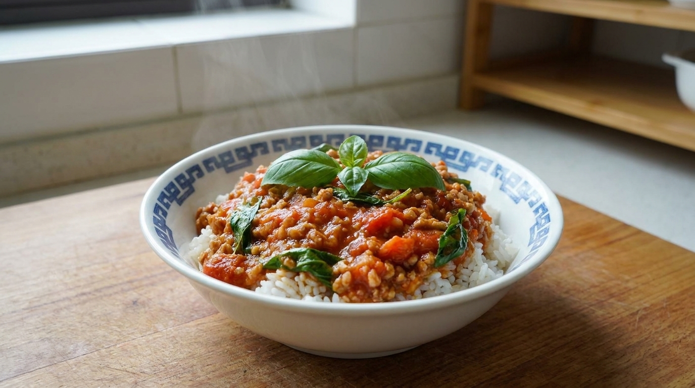 Bol de Arroz con Carne a la Boloñesa de Albahaca y Tomate