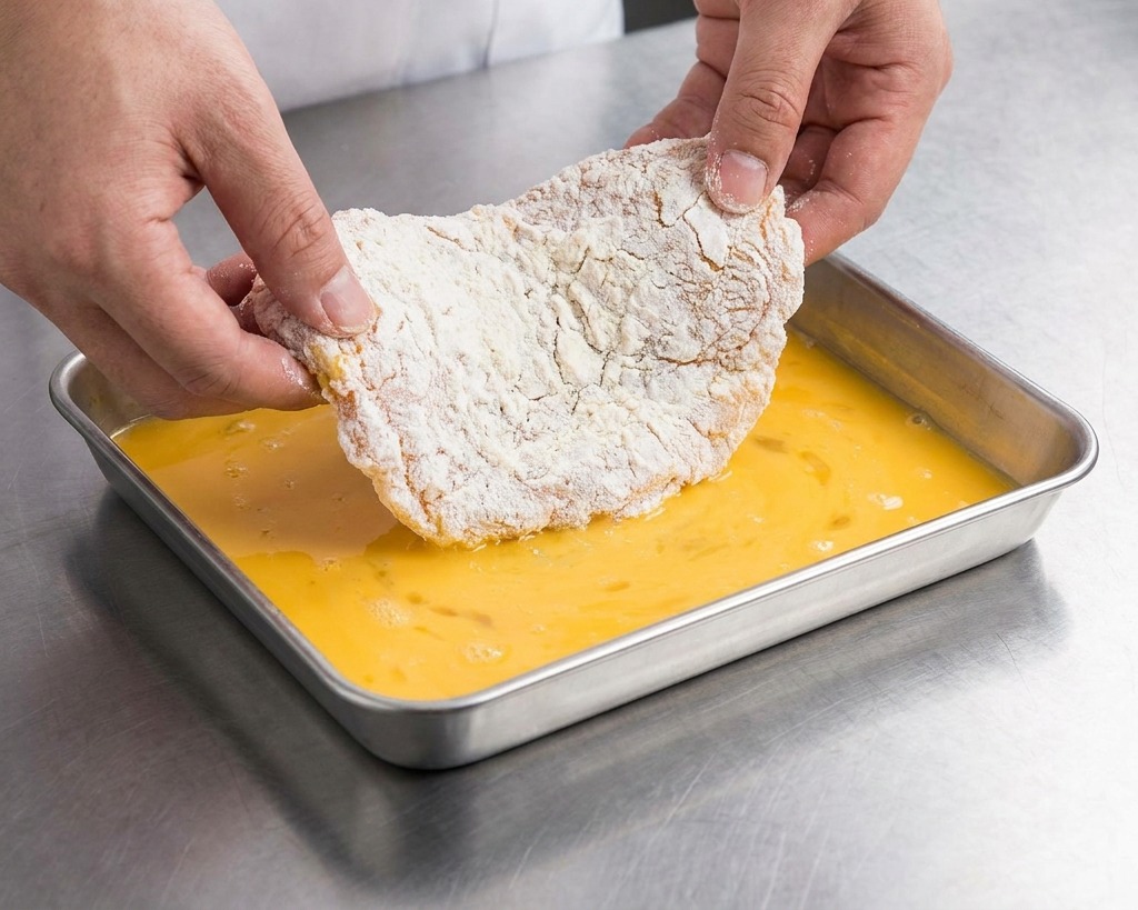 Manos sosteniendo un bistec enharinado sobre una bandeja rectangular con huevo batido.