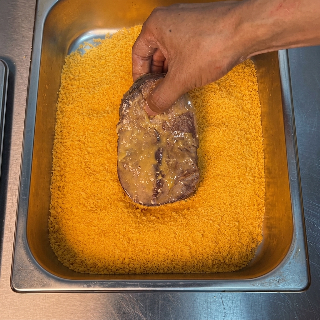 Una mano presionando firmemente el bistec sobre una bandeja con pan rallado panko.